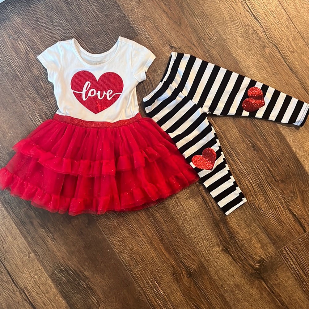 Size 2T Valentine’s dress and heart and striped leggings.